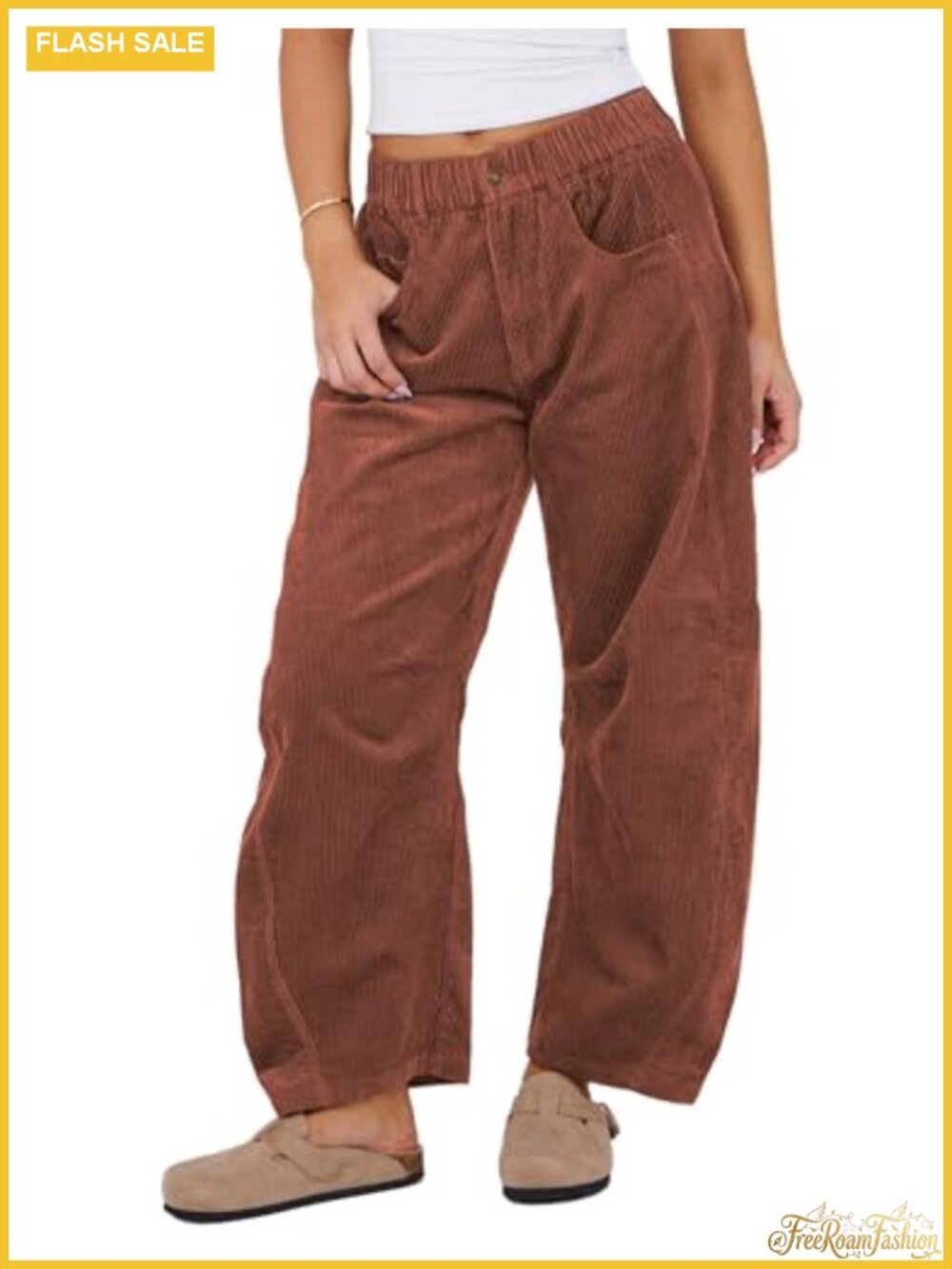 Women's Corduroy Wide Leg Barrel Pants Mid-Rise Elastic Waist Baggy Trousers